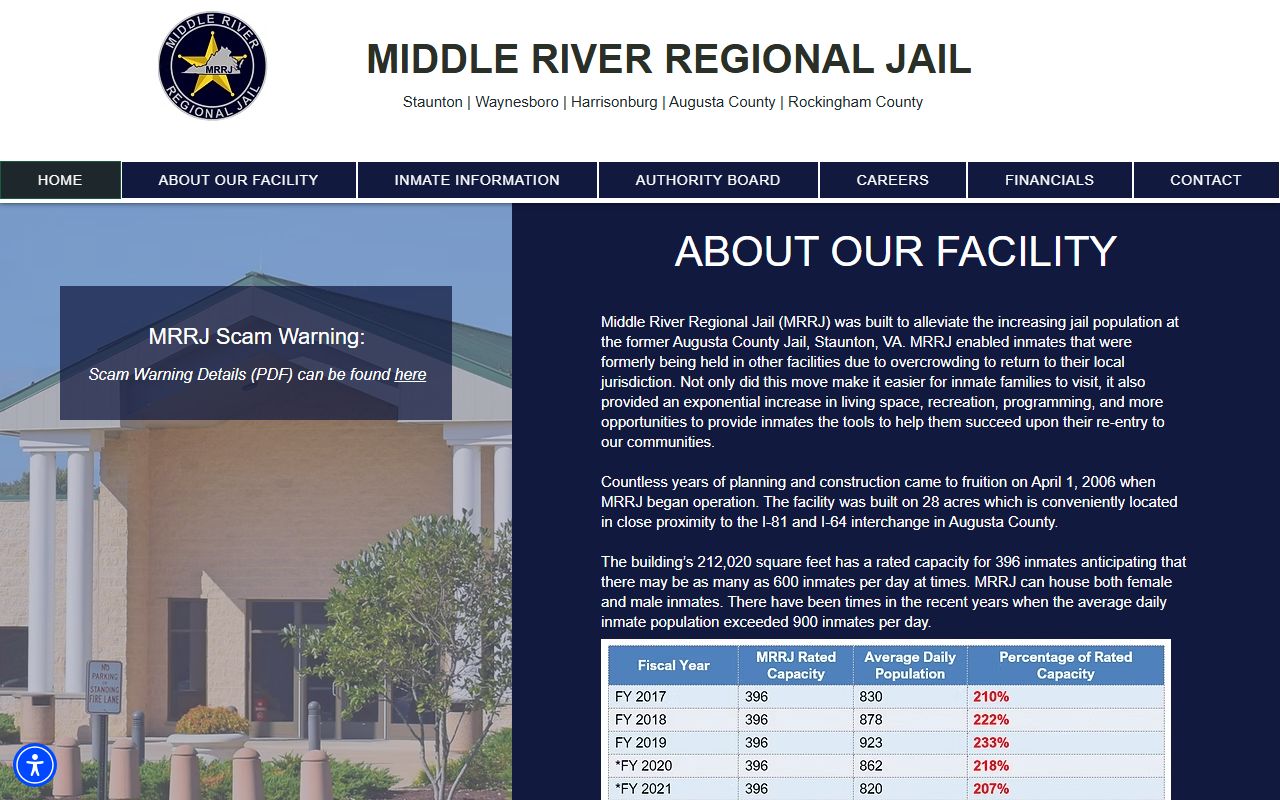 Middle River Regional Jail homepage and public navigation