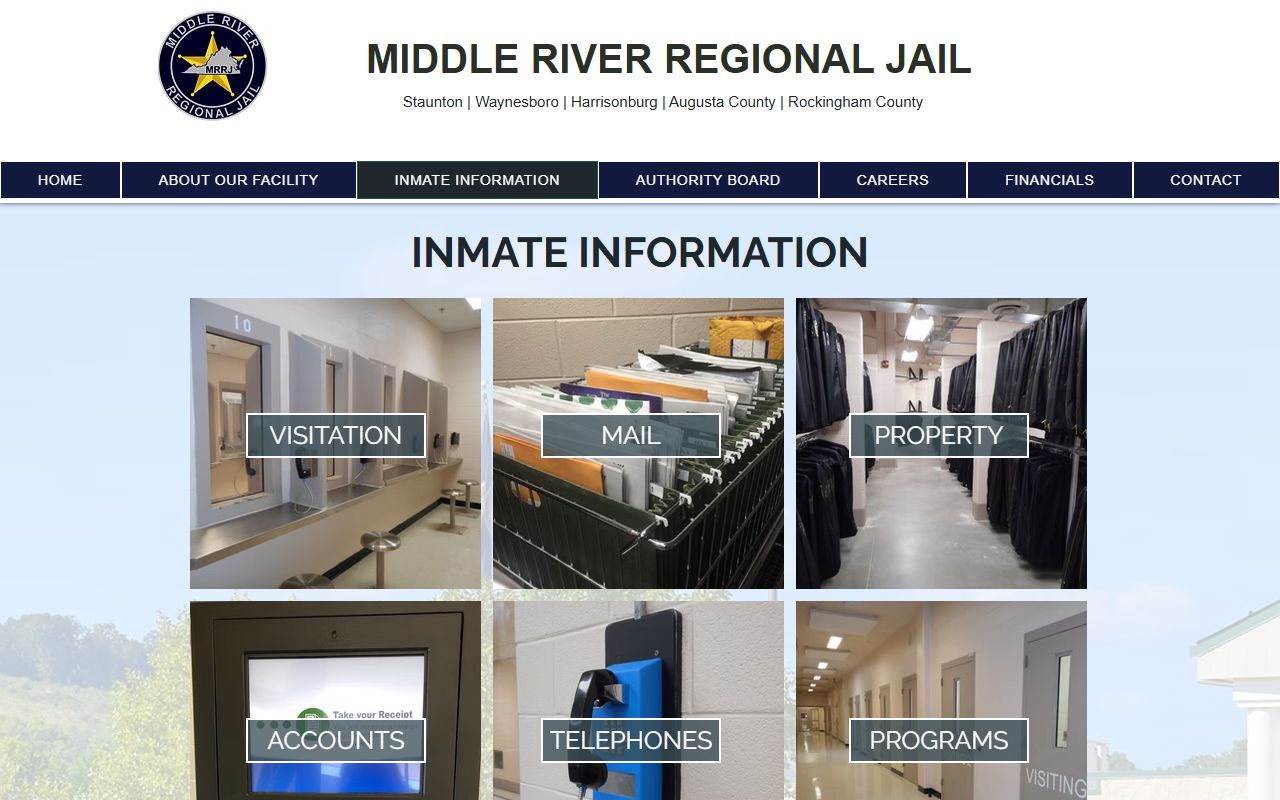 Middle River Regional Jail inmate information page with inmate search and service links
