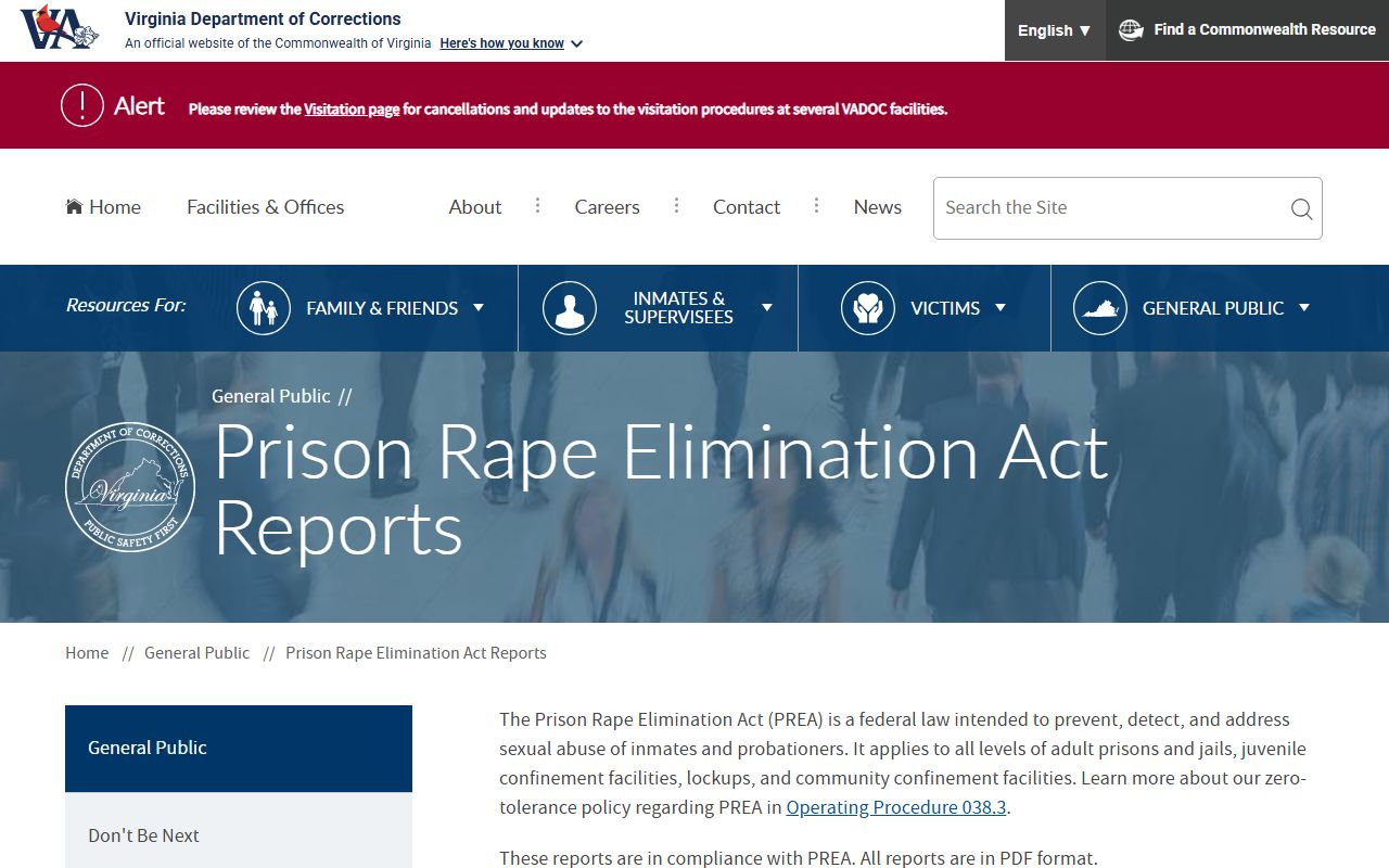 VADOC PREA reports page listing facility audit reports
